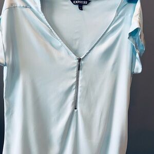 Express Sky Blue V-Neck Top with Front Zipper